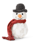 Stuffed snowman dog toy with a red scarf and gray hat on a white background