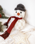 Small snowman dog toy with a red scarf, black hat, and carrot nose on a white background.