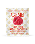 Packaging of freeze-dried whole raspberries with 'OHME!' branding on a white background.