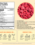 OhME Brand Nutrition facts label and image of freeze-dried raspberries on a beige background