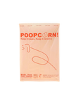Dog waste bag of 'POOPCORN!' with orange text on a white background
