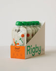 Packaging of Rigby pet food with bottles and a box on a white background