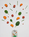 Rigby Dog Pouch Treat bottle with sliced fruits and vegetables on a white background