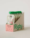 Packaging of Rigby salmon pouches with pink label on a white background