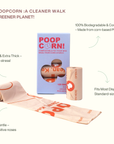 Product packaging of Poop Corn with text highlighting its features on a white background