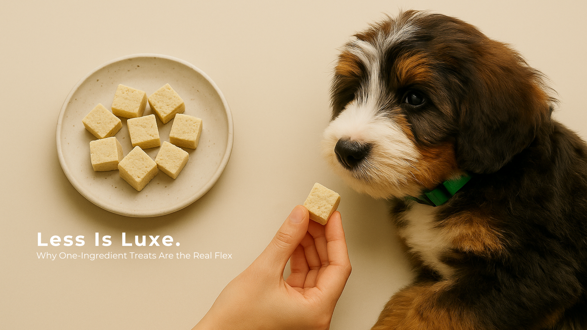Bernedoodle puppy dog eating single ingredient dog treat on neutral background