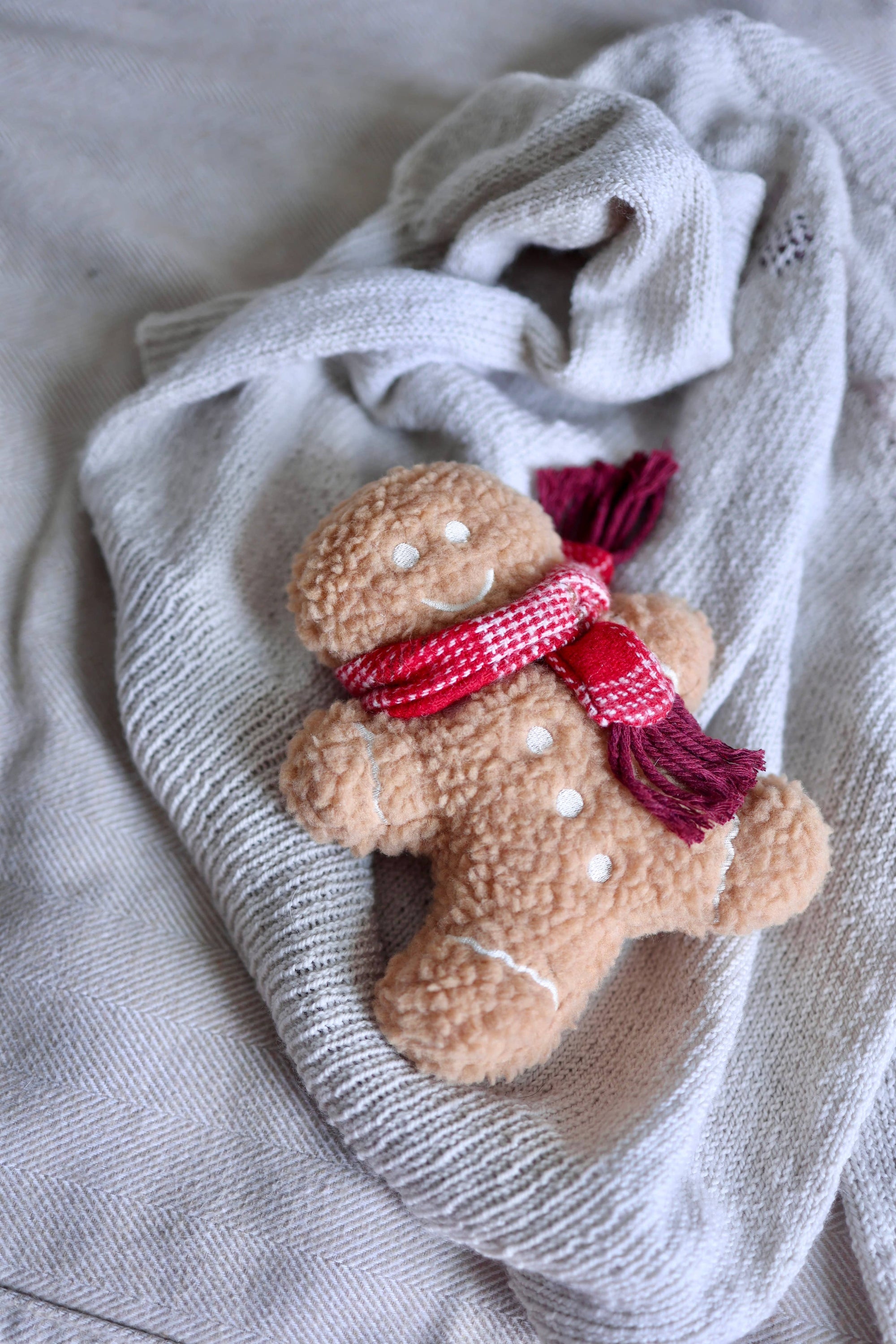 Gingerbread man dog toy with a red scarf on a soft fabric background