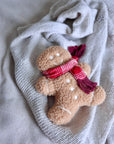 Gingerbread man dog toy with a red scarf on a soft fabric background
