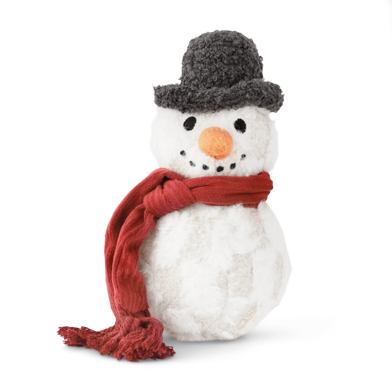Stuffed snowman dog toy with a red scarf and gray hat on a white background