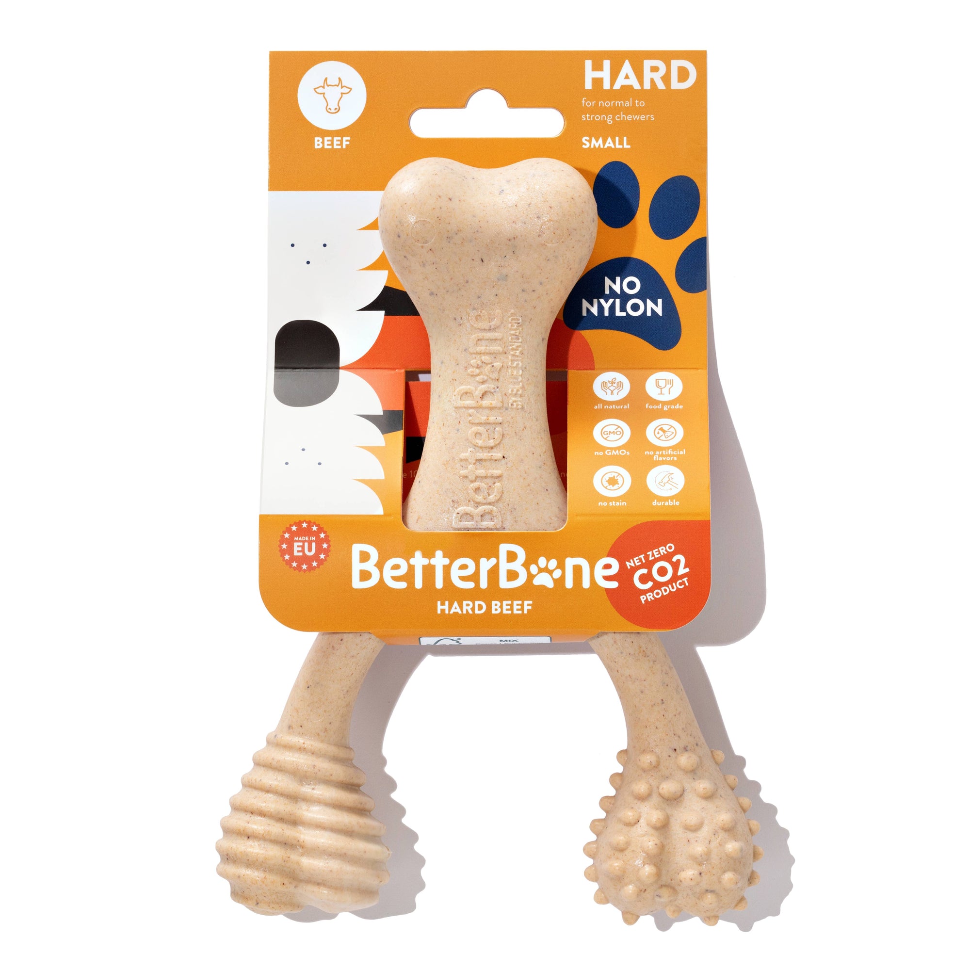 BetterBone hard beef dog chew toy with packaging on a white background