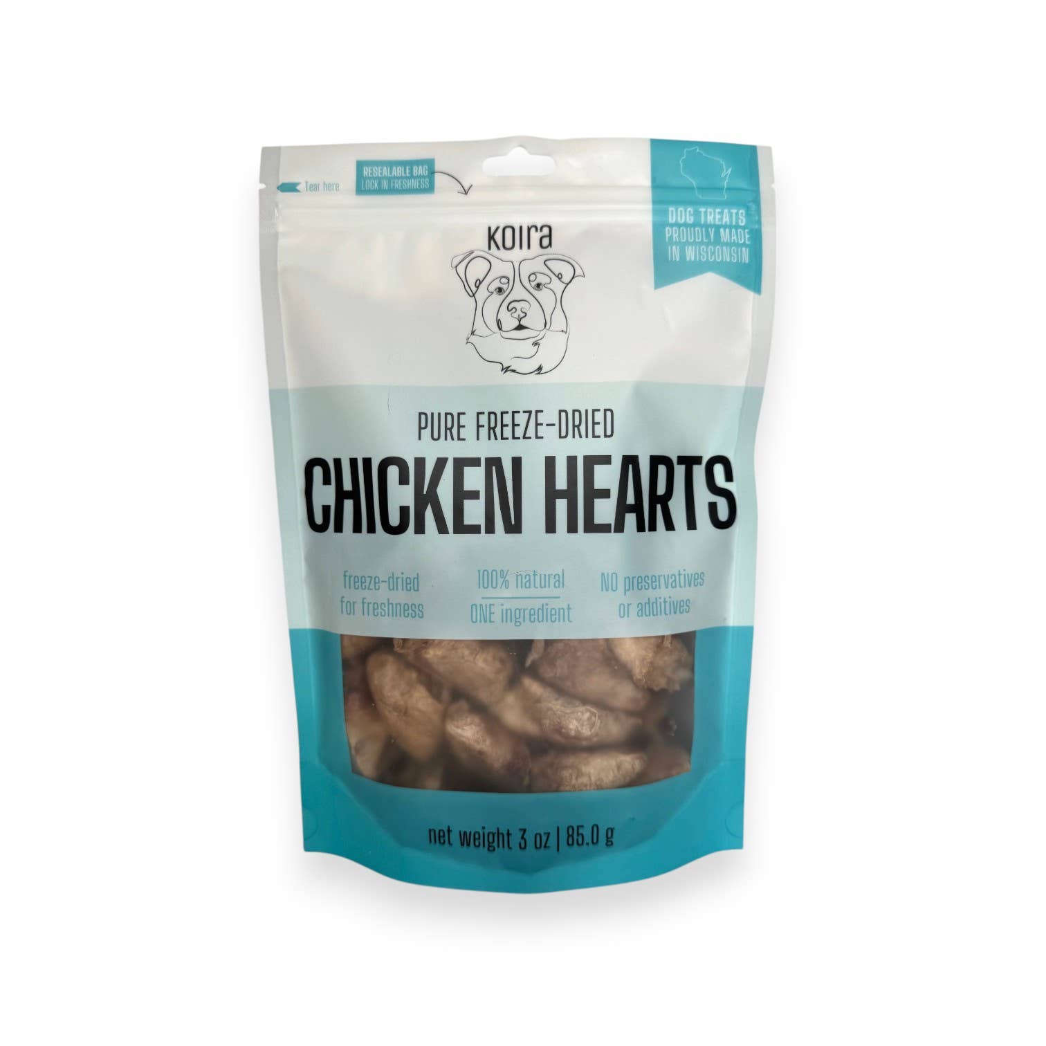 Package of Koira Pure Freeze-Dried Chicken Hearts for dogs on a white background