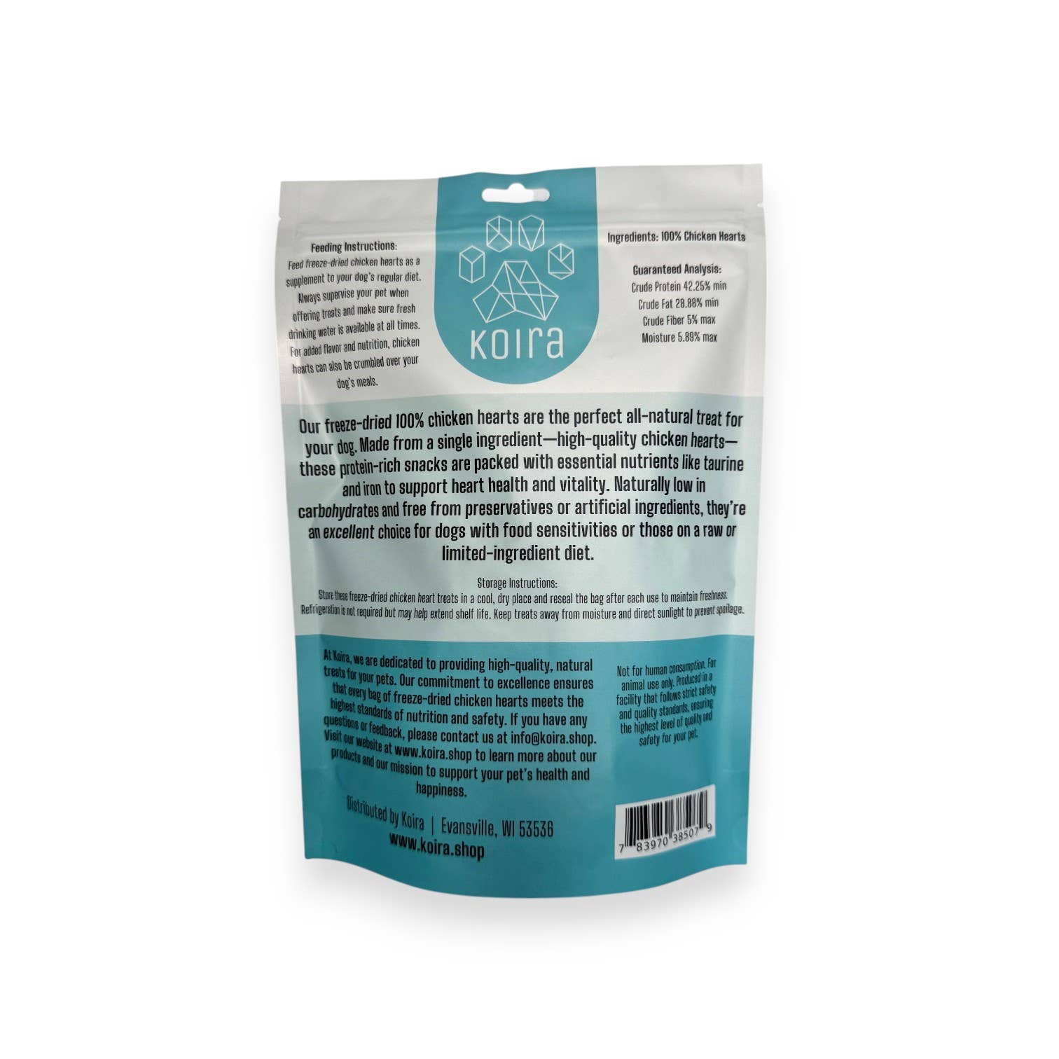 Koira dog food packaging details with text on a white background