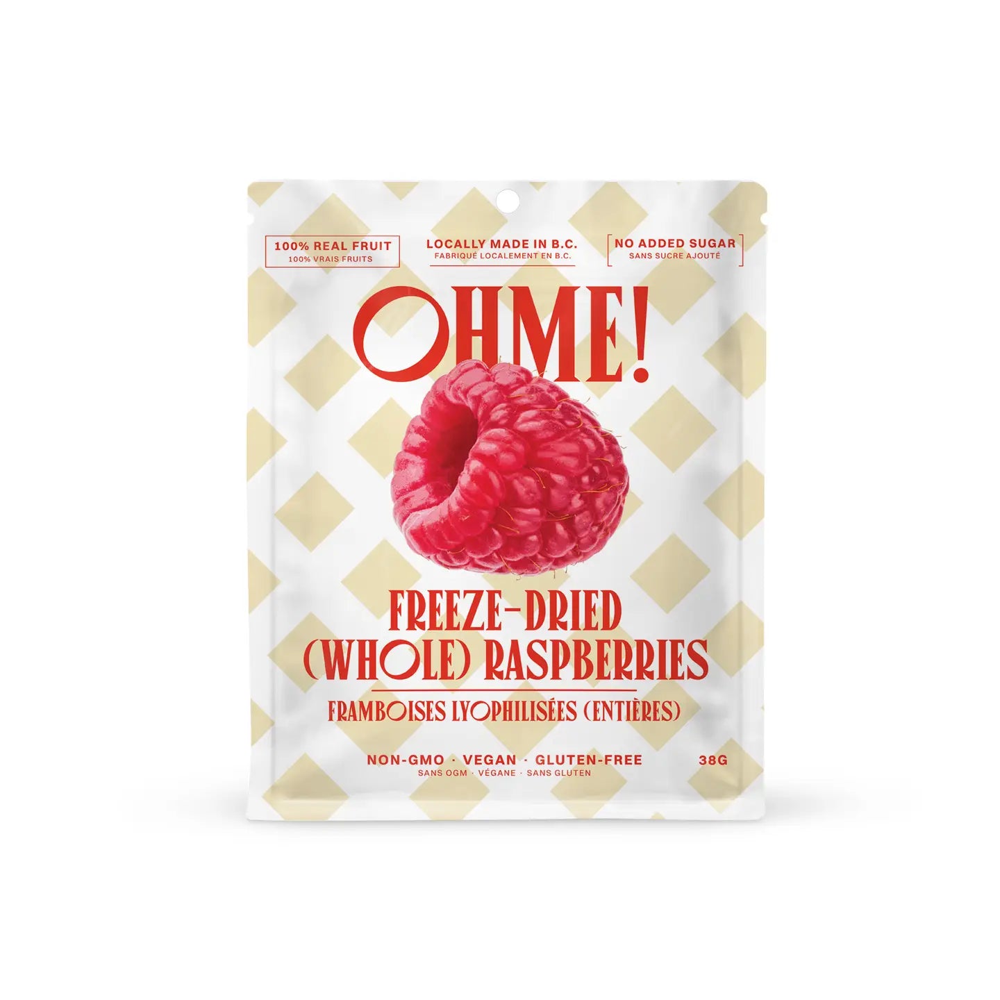 Packaging of freeze-dried whole raspberries with 'OHME!' branding on a white background.