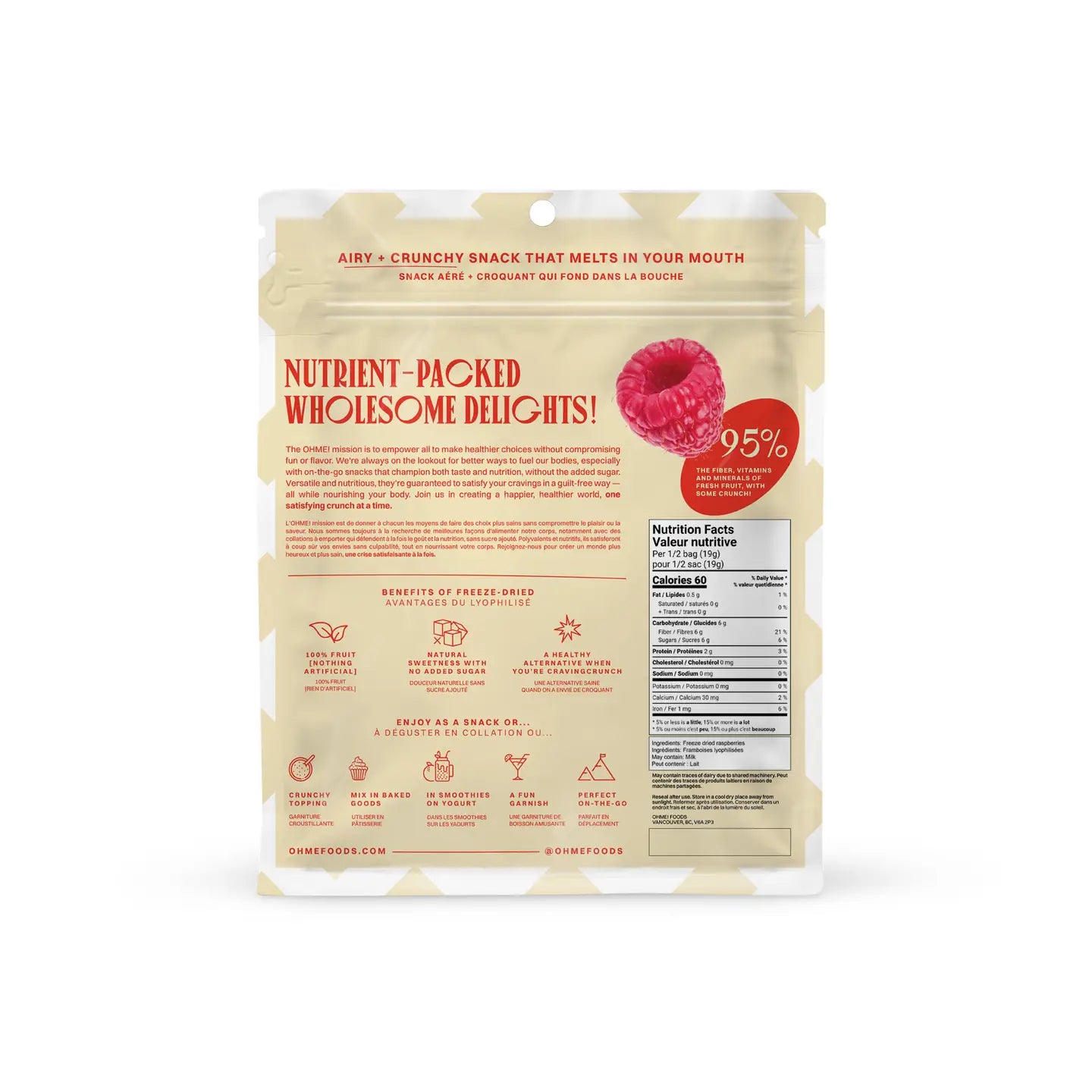 OHME Raspberries Snack package with nutritional information and branding on a white background