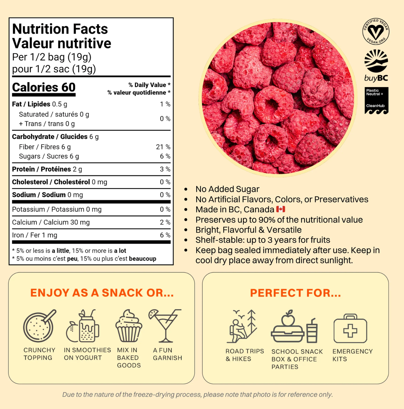 OhME Brand Nutrition facts label and image of freeze-dried raspberries on a beige background