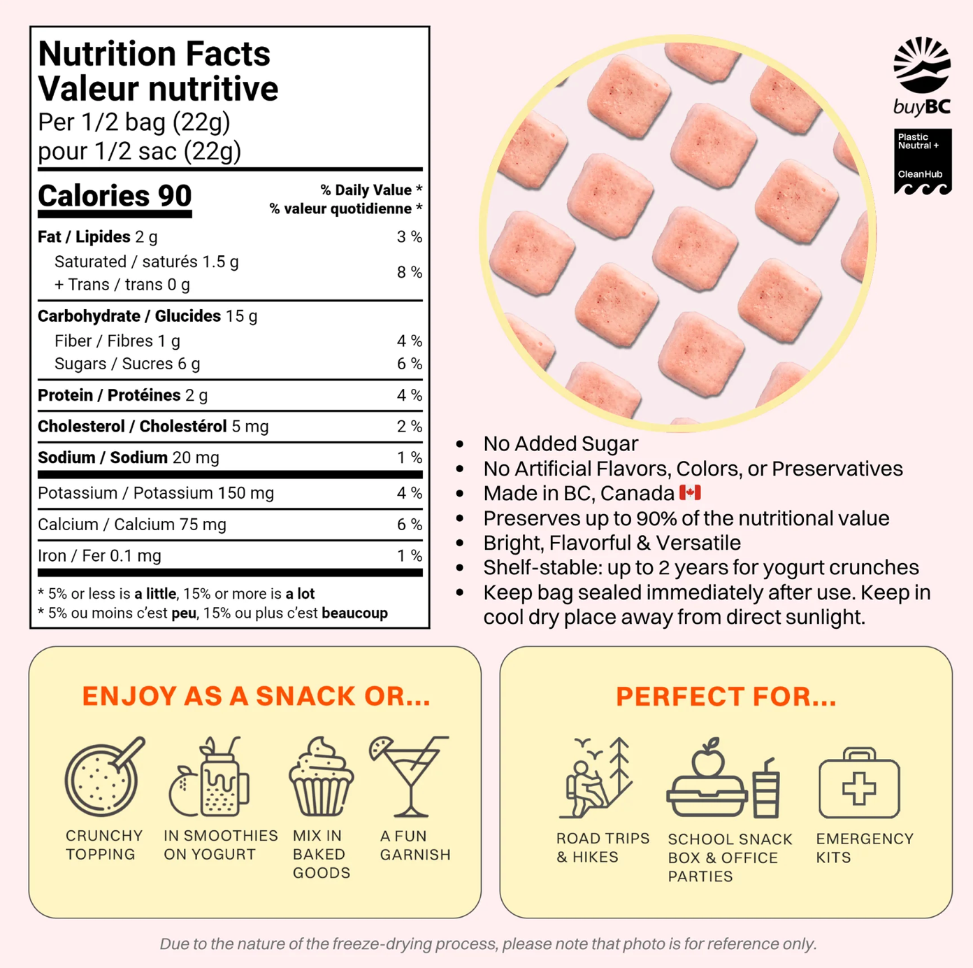 OHME Strawberry Yogurt Freeze dried Nutrition facts label and product image for a snack package with icons and text.