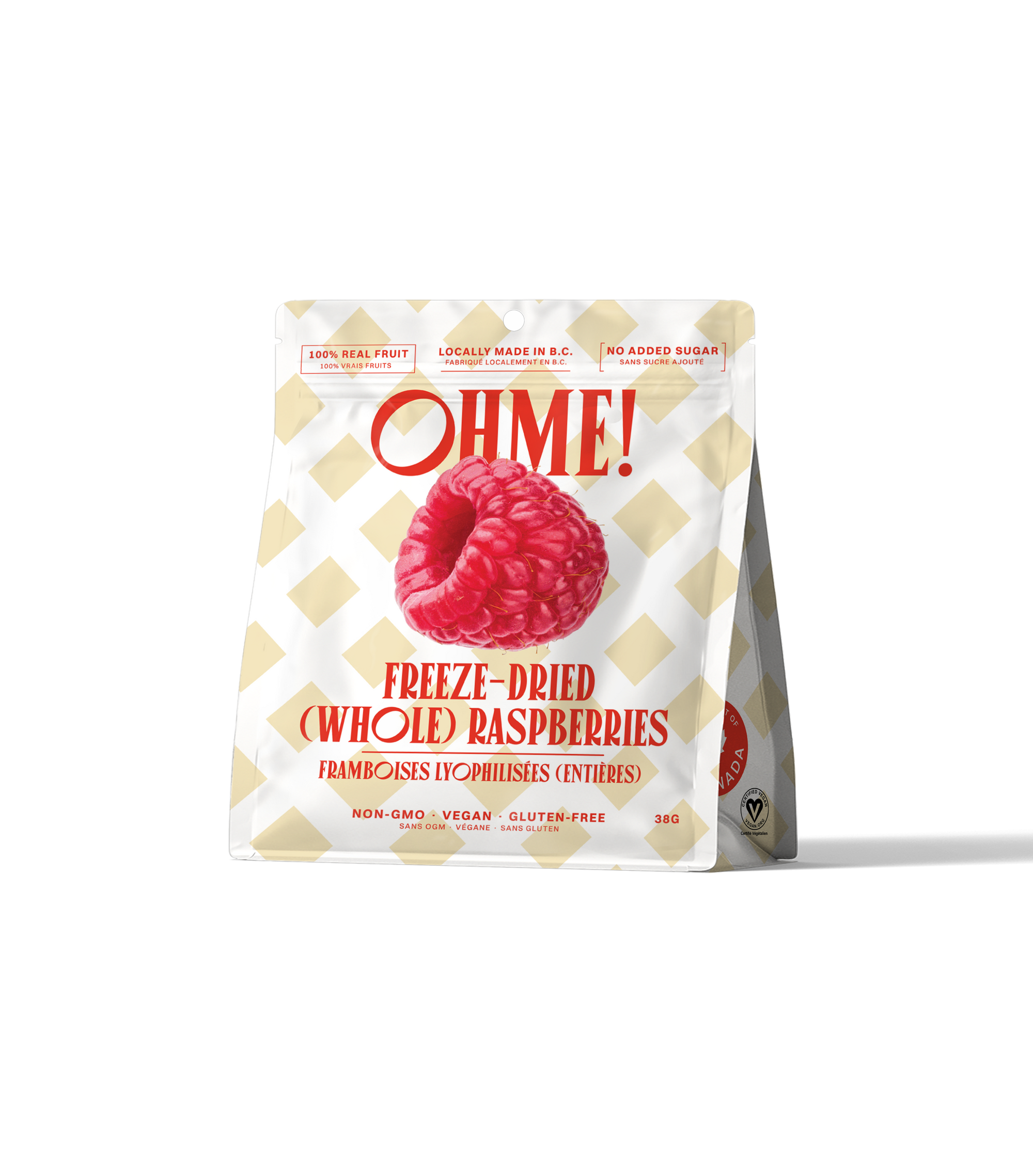 Packaging of OHME! freeze-dried whole raspberries on a white background