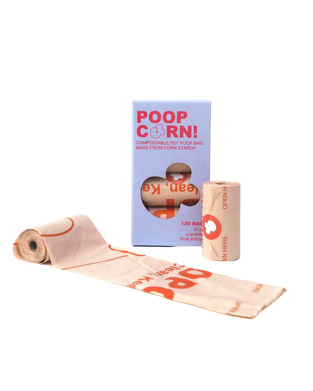 Poop Corn Roll of Poop Corn pet waste bags with packaging on a white background