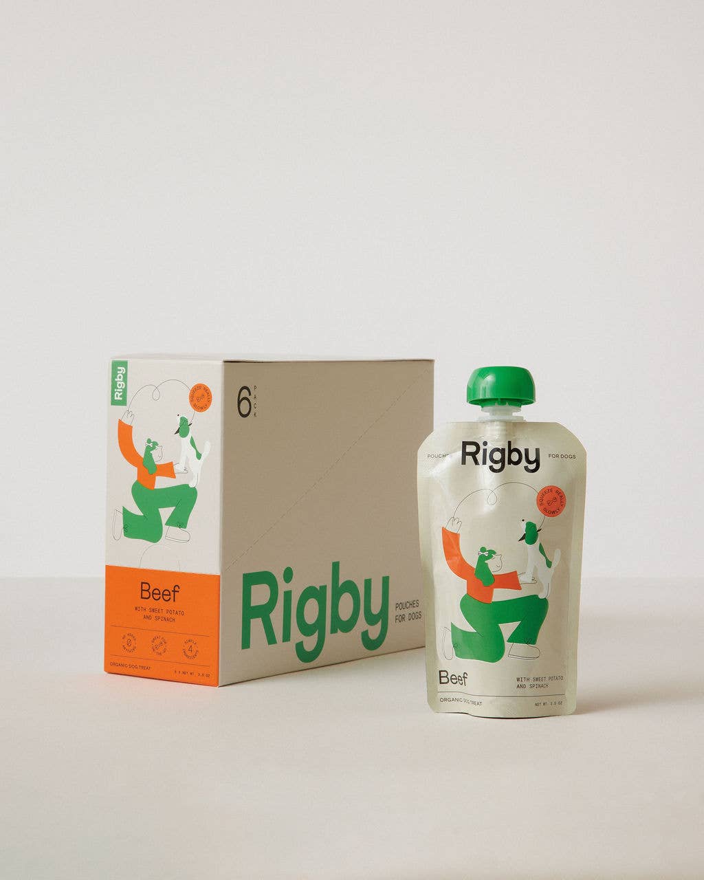 Rigby dog food packaging including a box and a pouch on a white background