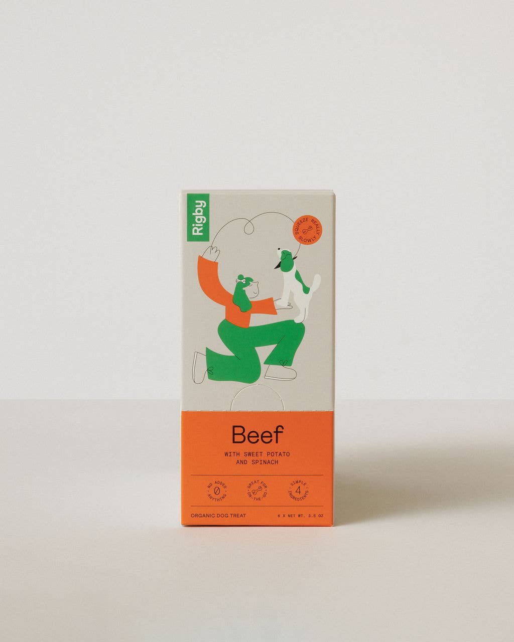 Box of Rigby beef with a cartoon character on an orange and beige background