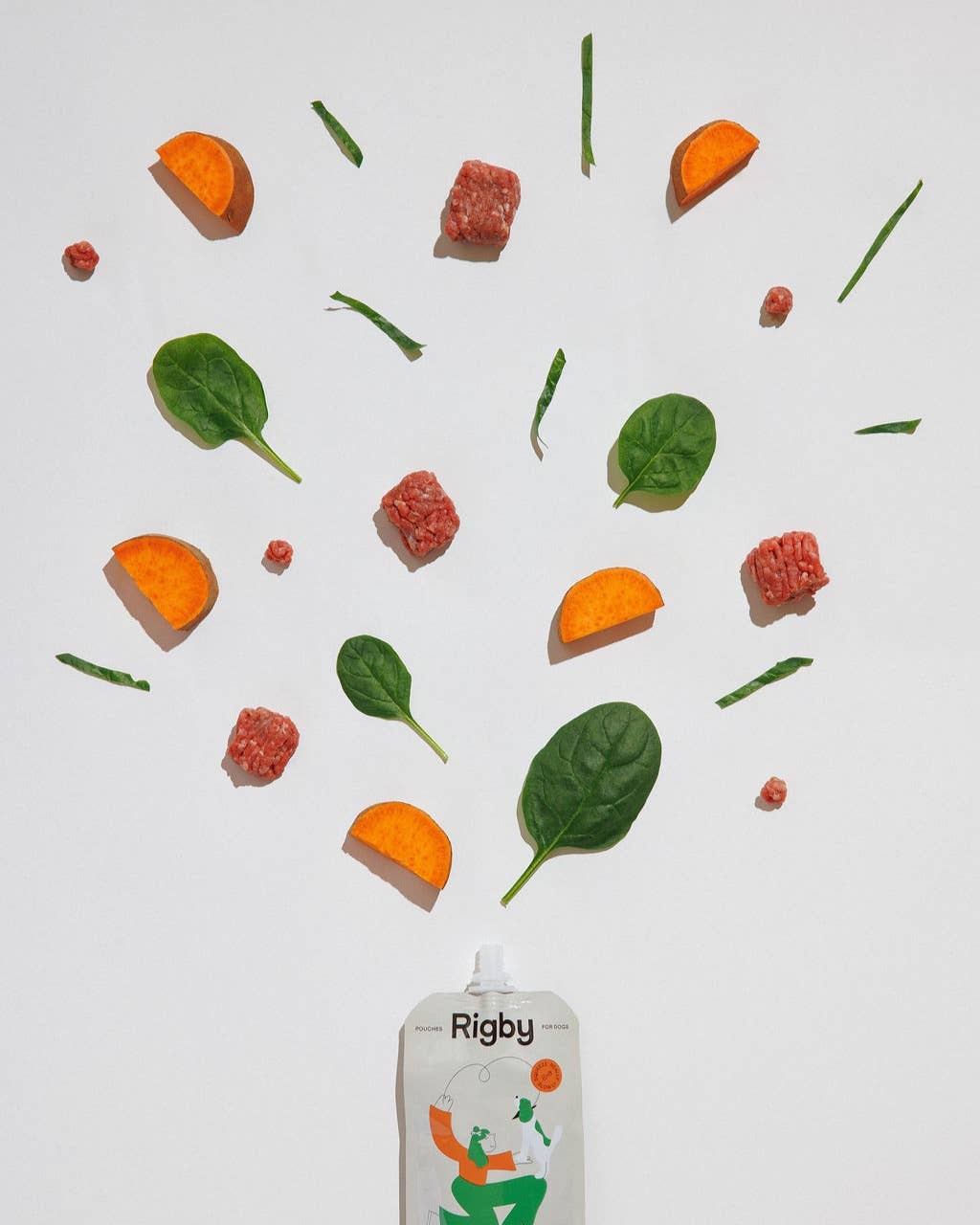 Rigby Dog Pouch Treat bottle with sliced fruits and vegetables on a white background