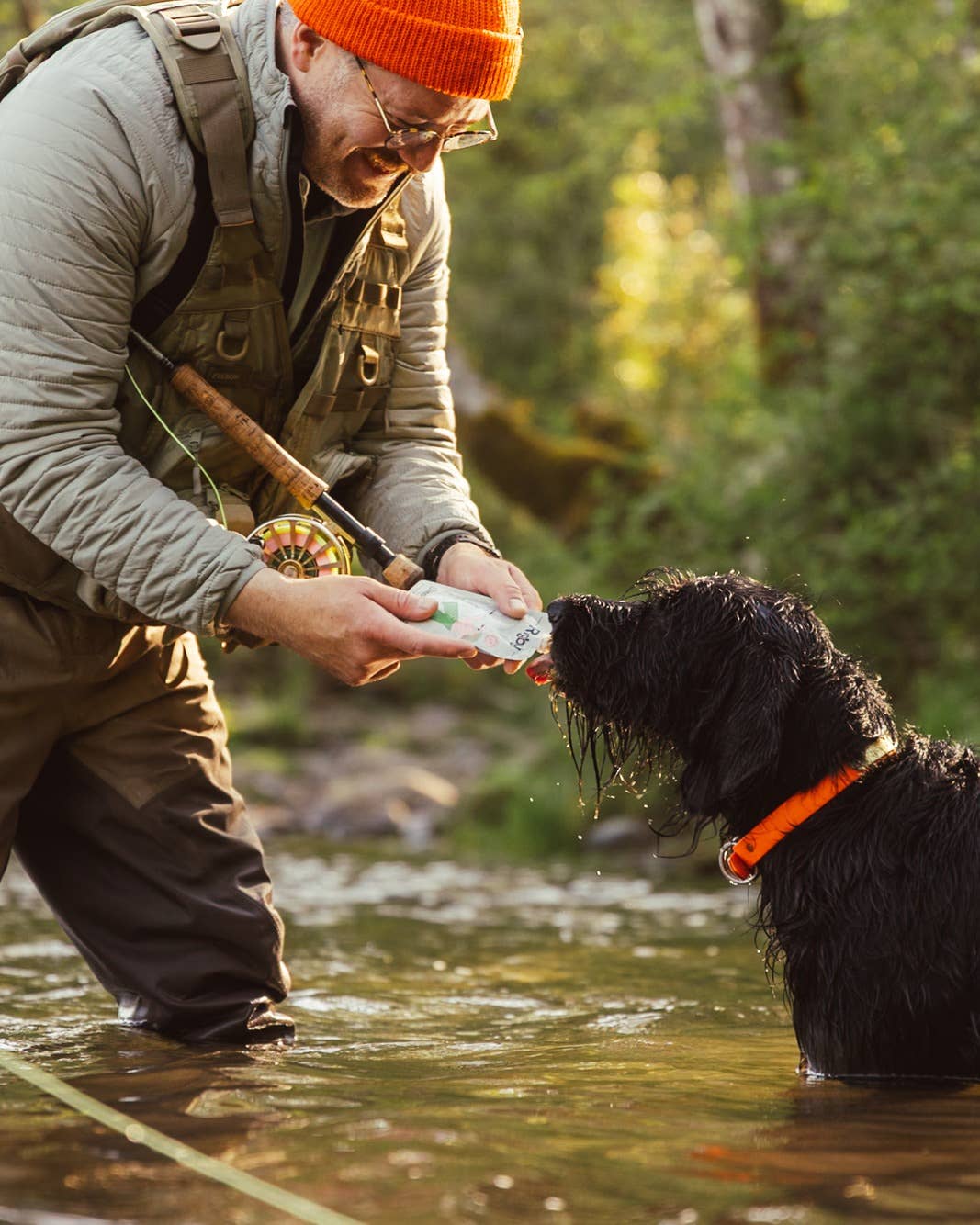 Man in outdoor gear interacting with a black dog in a forest setting