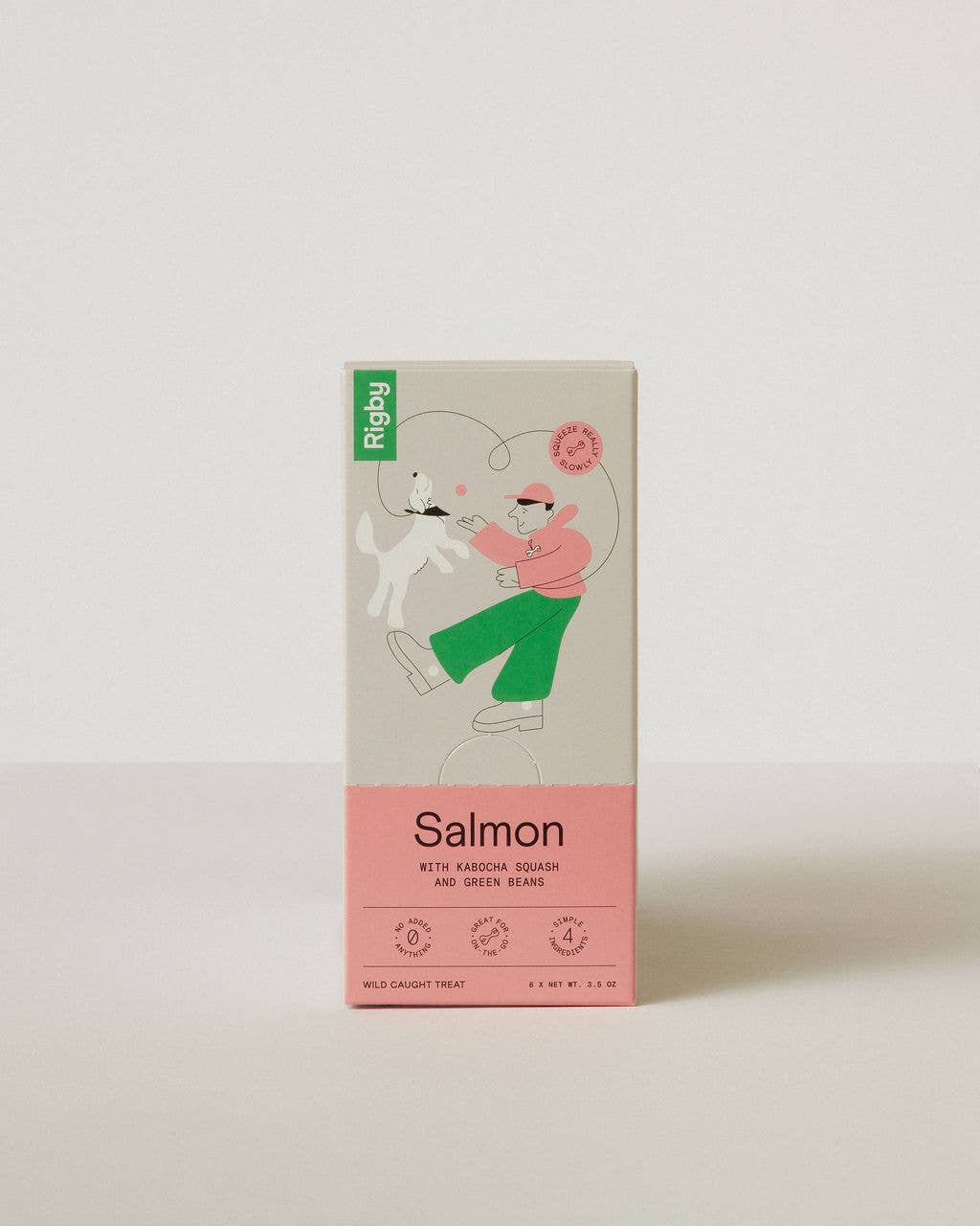 Box of Rigby salmon dog treat with cartoon character on a white background