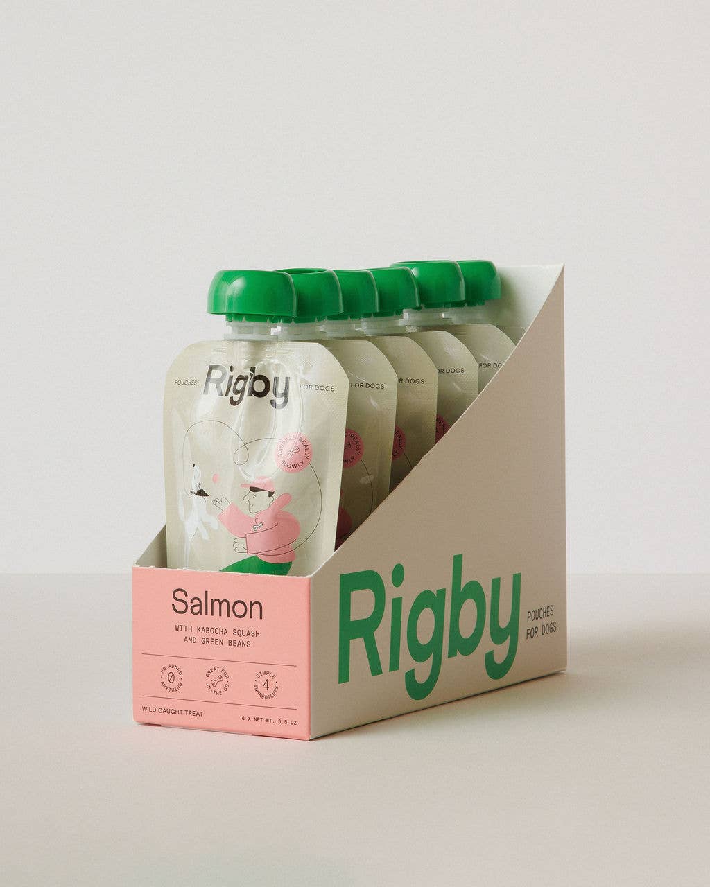Packaging of Rigby salmon pouches with pink label on a white background