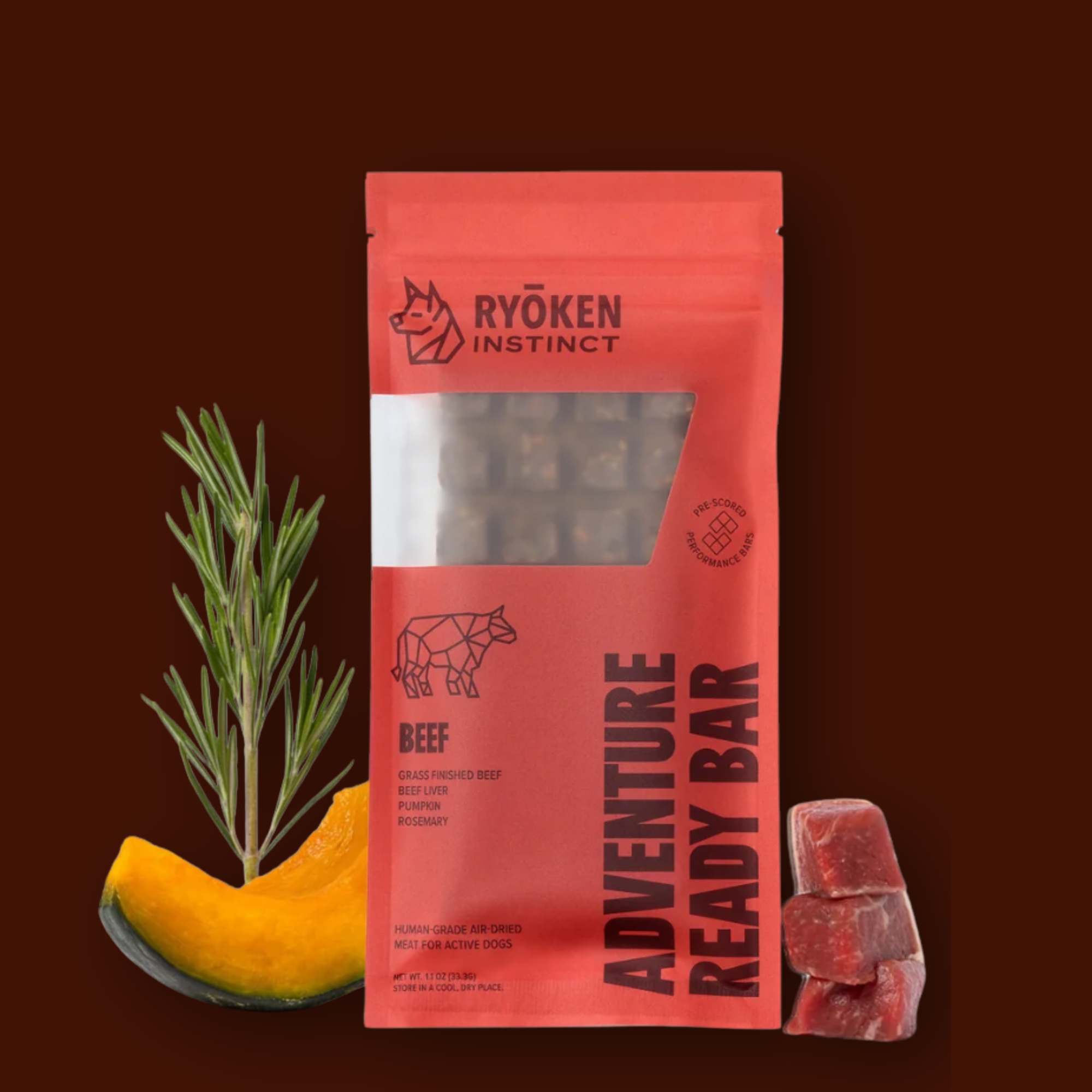 Ryoken Instinct Beef Adventure dog on red background natural ingredients from puppist.com