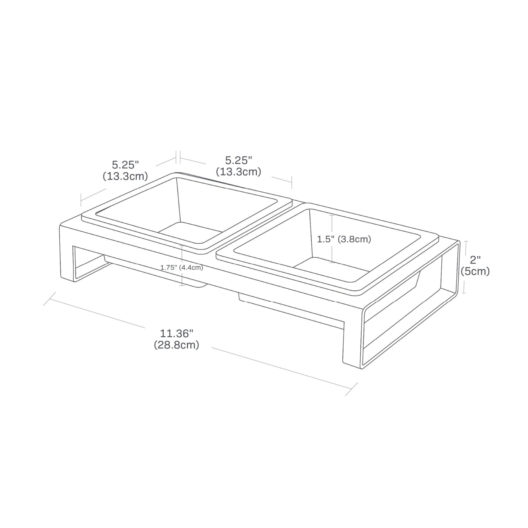 Technical drawing of a pet feeding station with dimensions labeled