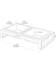 Technical drawing of a pet feeding station with dimensions labeled