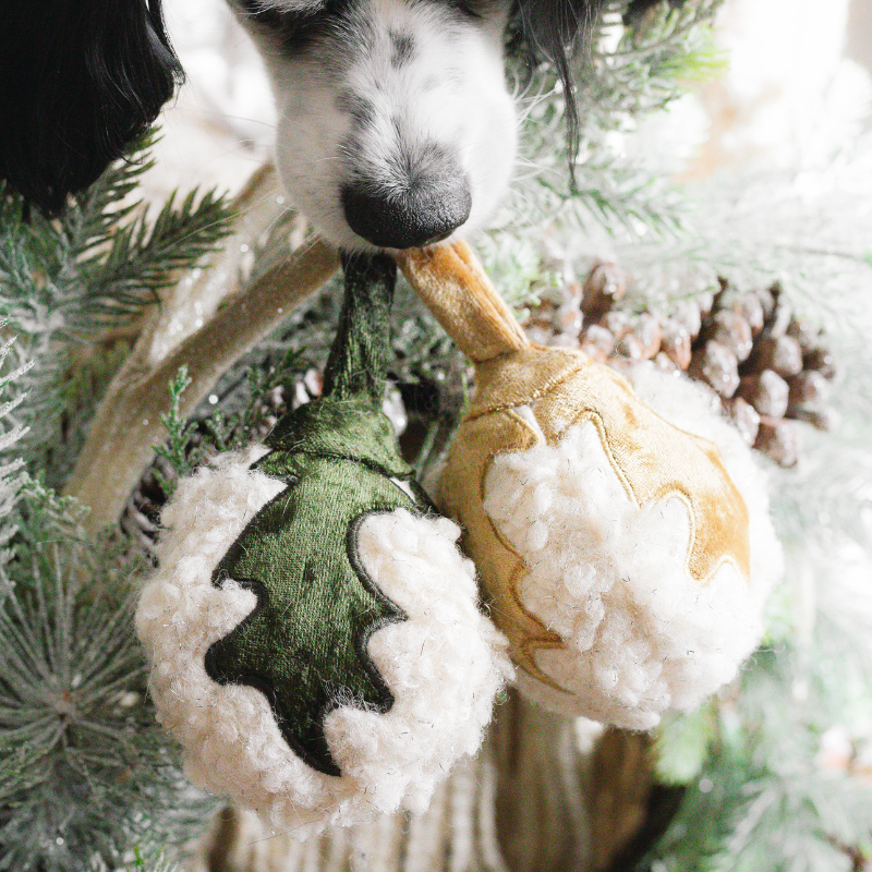 Dog playing with a plush toy shaped like a duck among Christmas tree decorations