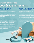 Product packaging with text about food-grade ingredients on a blue background