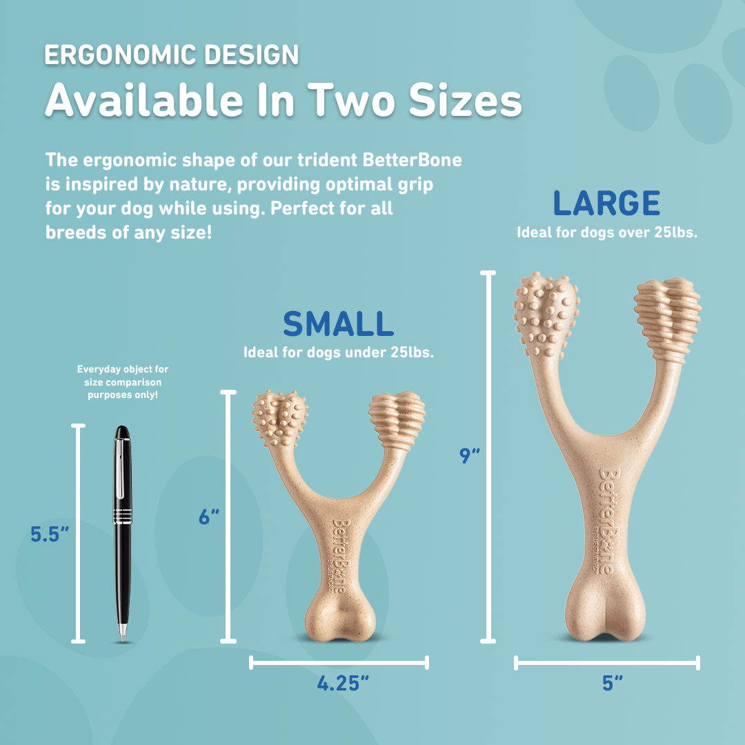 Trident BetterBone dog chew toy with size comparison to a pen on a blue background