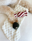 Dog toy with a red and white striped candy design on a fluffy white surface