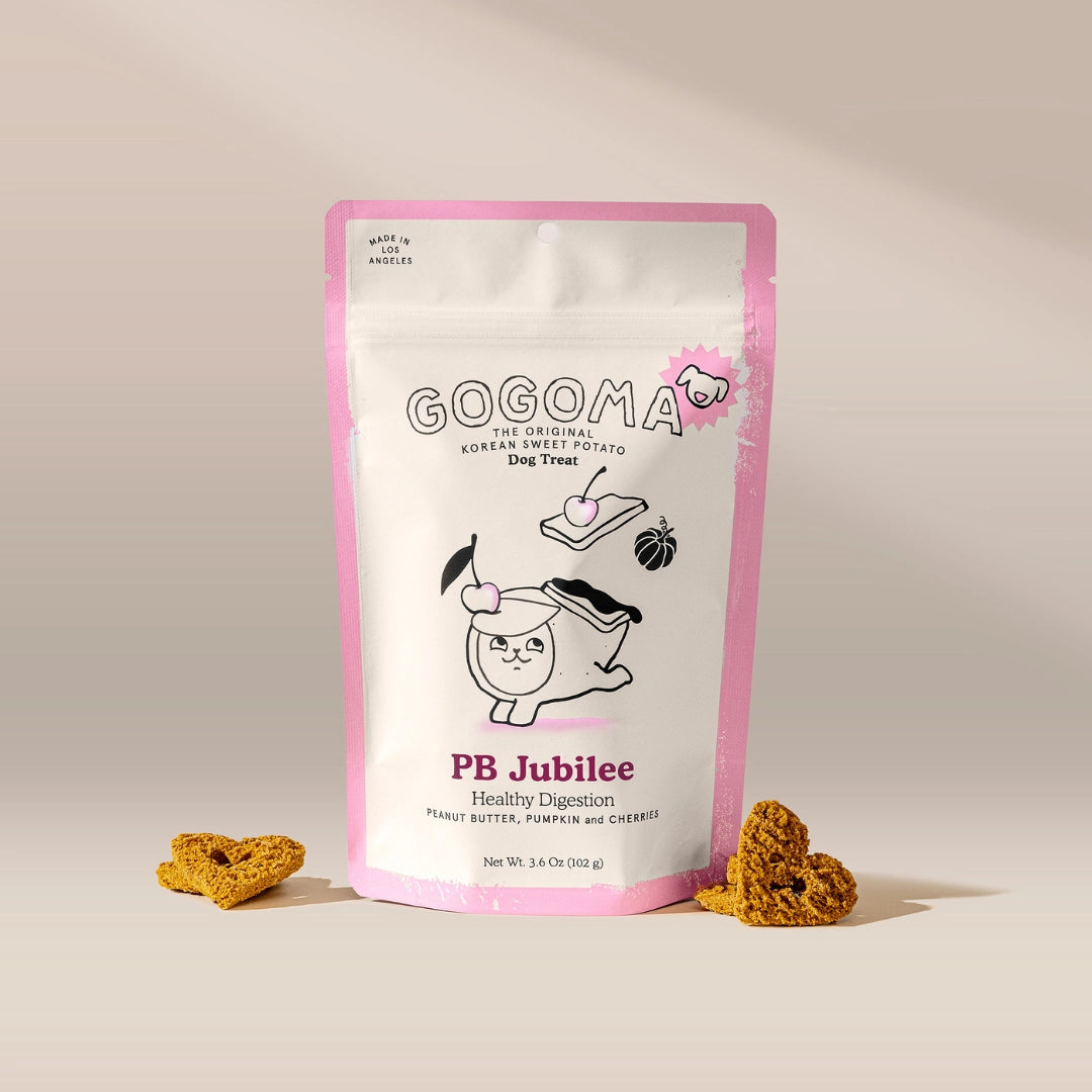 Gogoma PB Jubilee dog treat package with two treats on a beige background