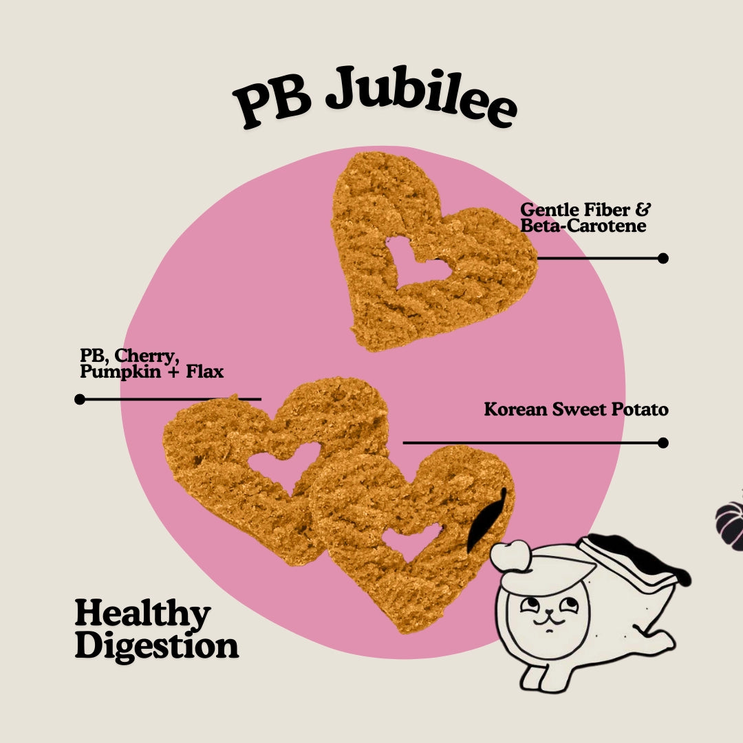 Heart-shaped cookies with PB Jubilee branding and health benefits on a beige background