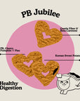 Heart-shaped cookies with PB Jubilee branding and health benefits on a beige background