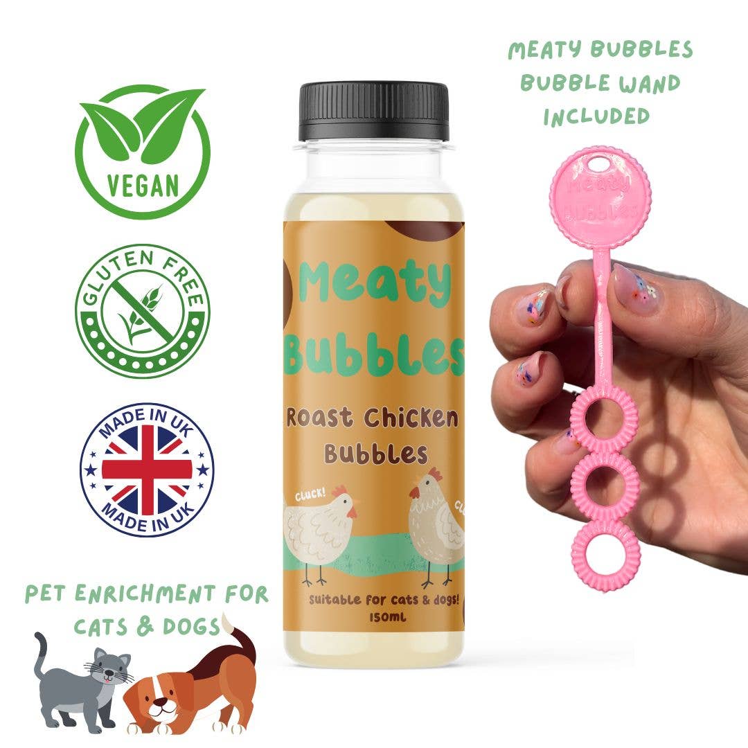 Meaty Bubbles – pet-safe, meat-flavored edible bubbles made with non-toxic, vegan‑friendly, gluten‑free ingredients; a 150 ml bottle of irresistible scented bubbles that dogs love to chase, lick, and pop.