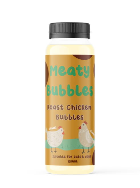 Meaty Bubbles – pet-safe, meat-flavored edible bubbles made with non-toxic, vegan‑friendly, gluten‑free ingredients; a 150 ml bottle of irresistible scented bubbles that dogs love to chase, lick, and pop.