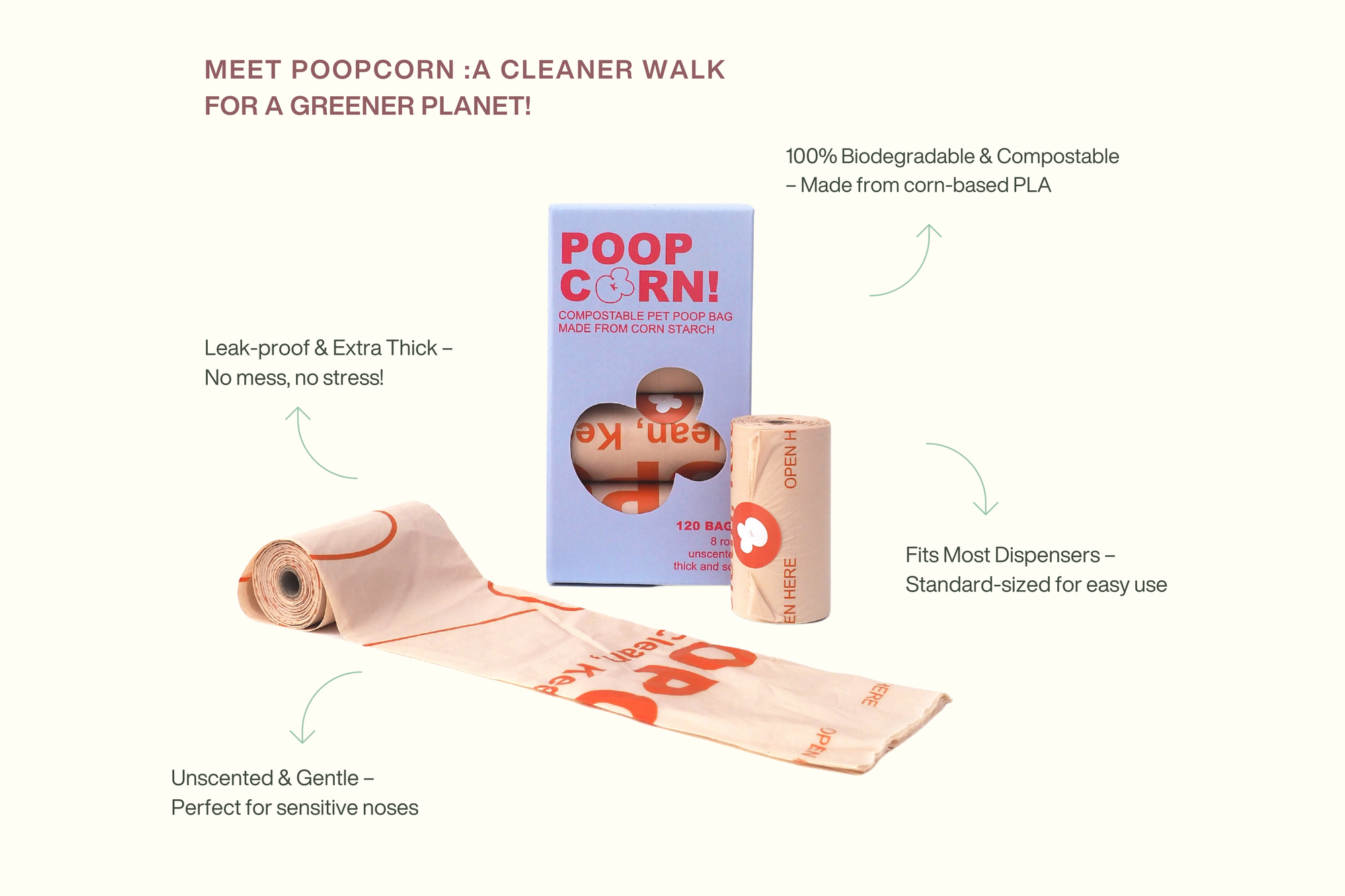 Product packaging of Poop Corn with text highlighting its features on a white background