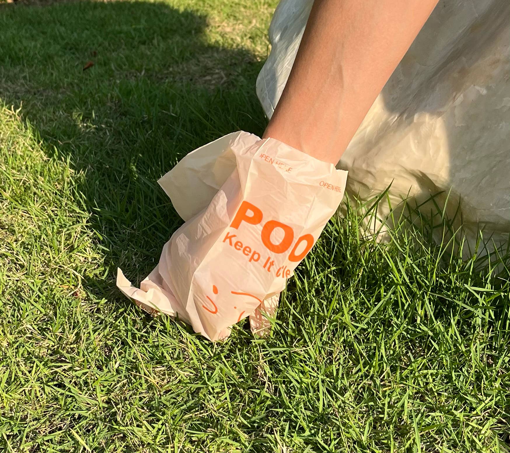 Person holding a bag labeled 'POO' with text on grass