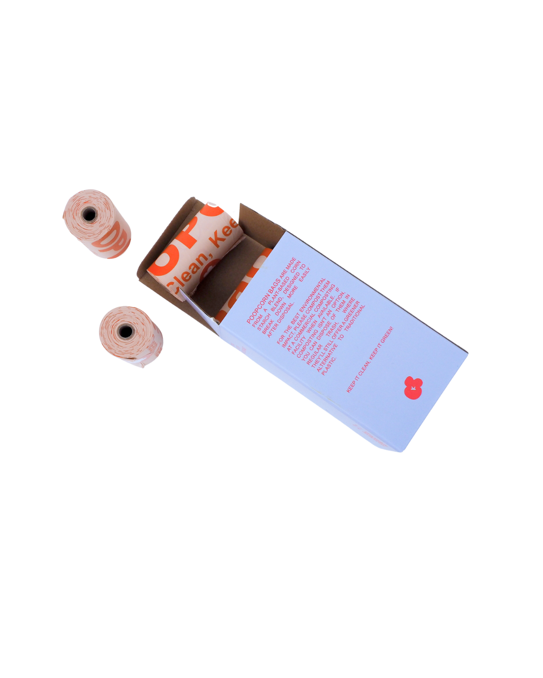 Rolls of popcorn poop bag with a box on a white background