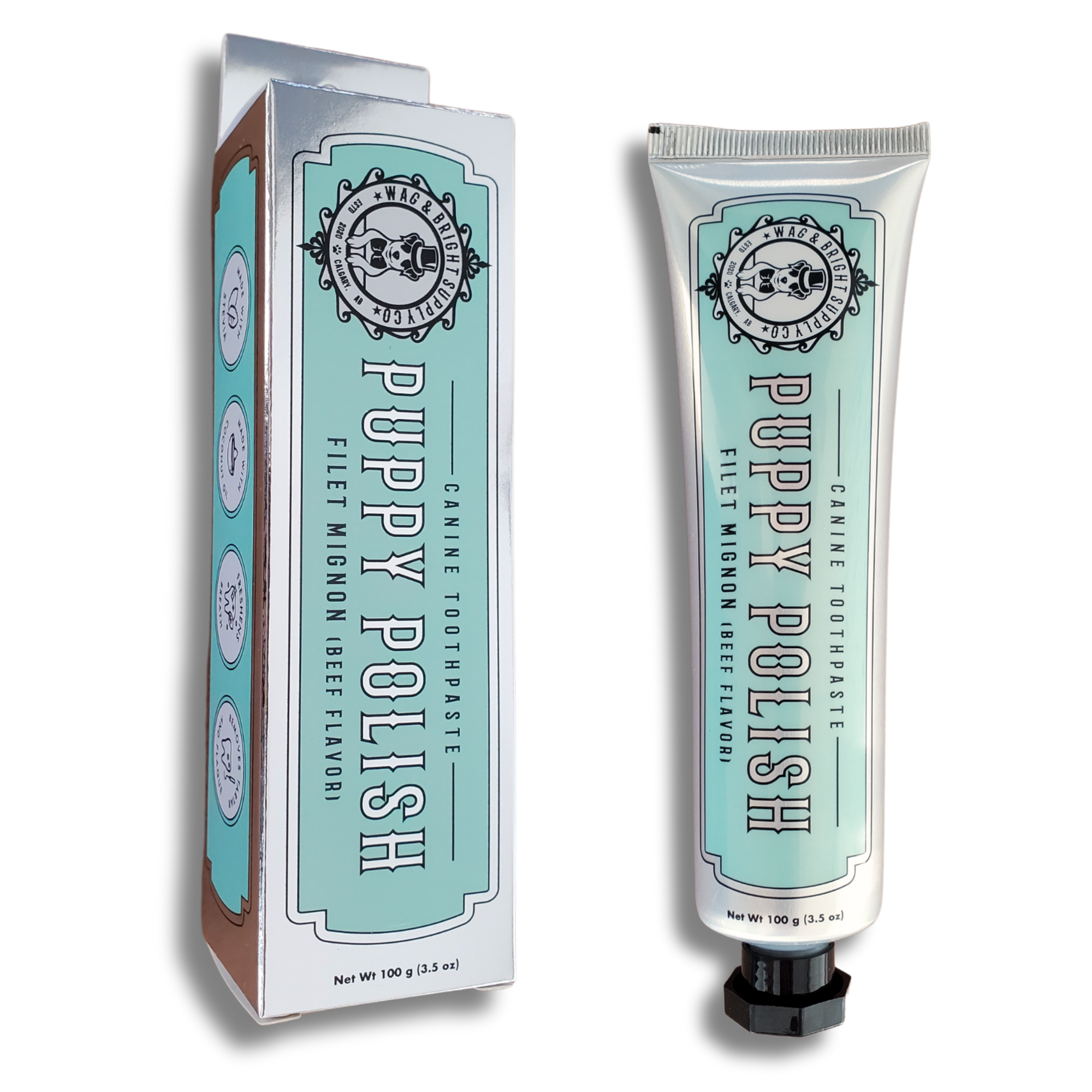 Puppy Polish™ Toothpaste (Filet Mignon Flavor) by Wag & Bright – 100 g of natural dog toothpaste made with baking soda, coconut oil, and beef flavor for fresh breath, plaque-fighting power, and a kissable smile.