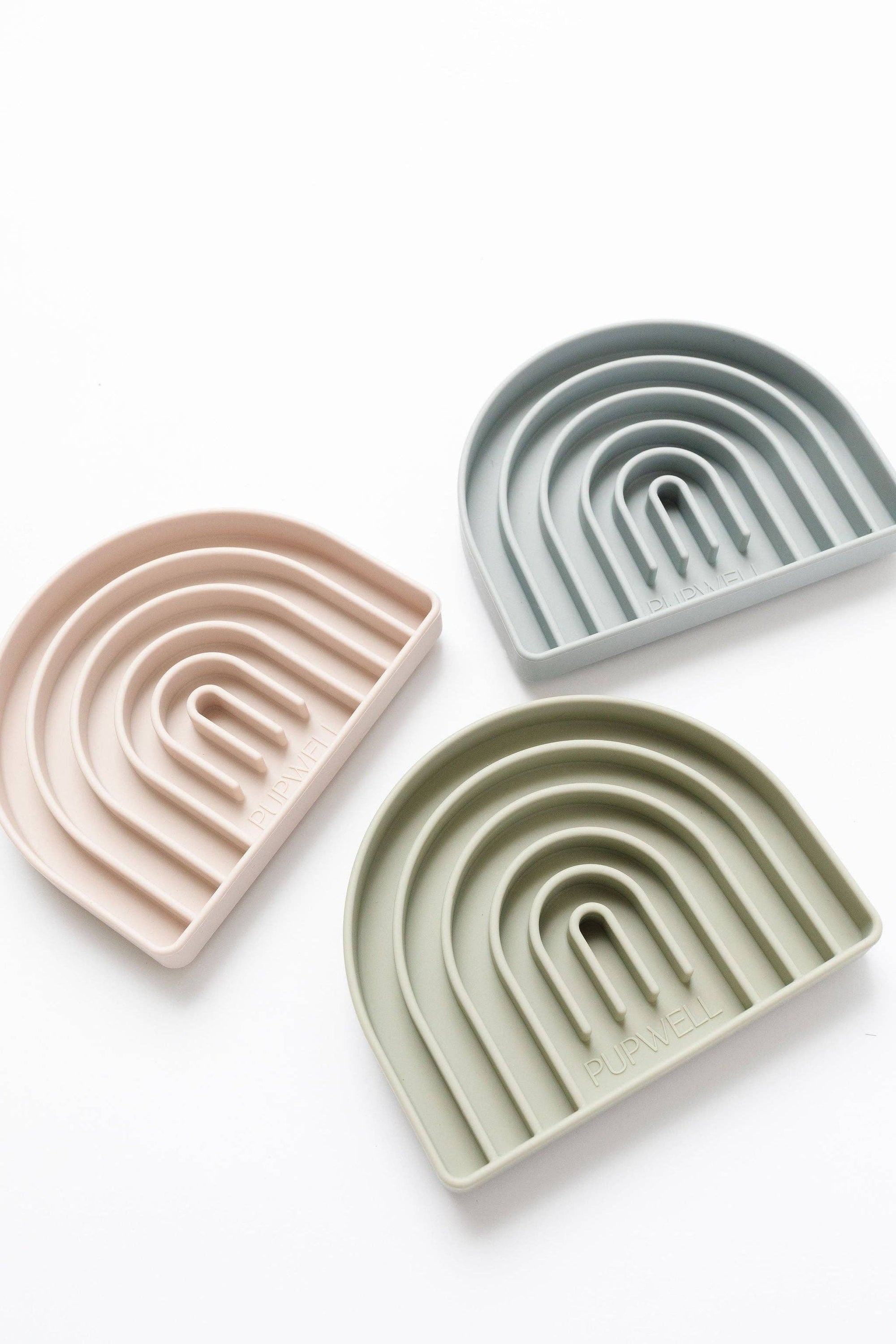 pupwell happy feeling silicone lick mats in rose dust, slate blue, Greige on white background 