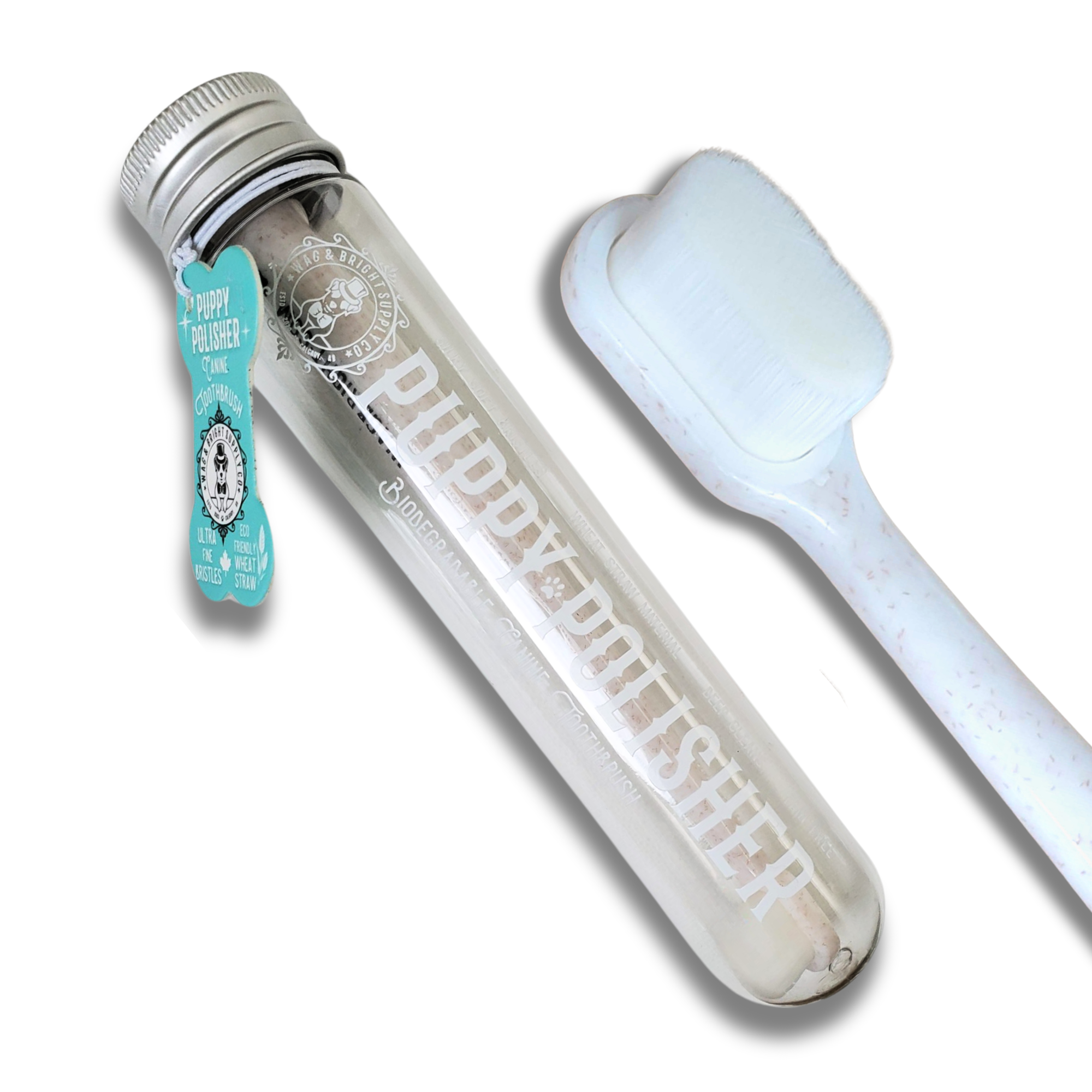 Wag & Bright Puppy Polisher Eco Toothbrush (Medium) – over 10,000 ultra-fine PBT bristles in a sustainable wheat‑straw composite handle, packaged in a breathable case for gentle, hygienic brushing.