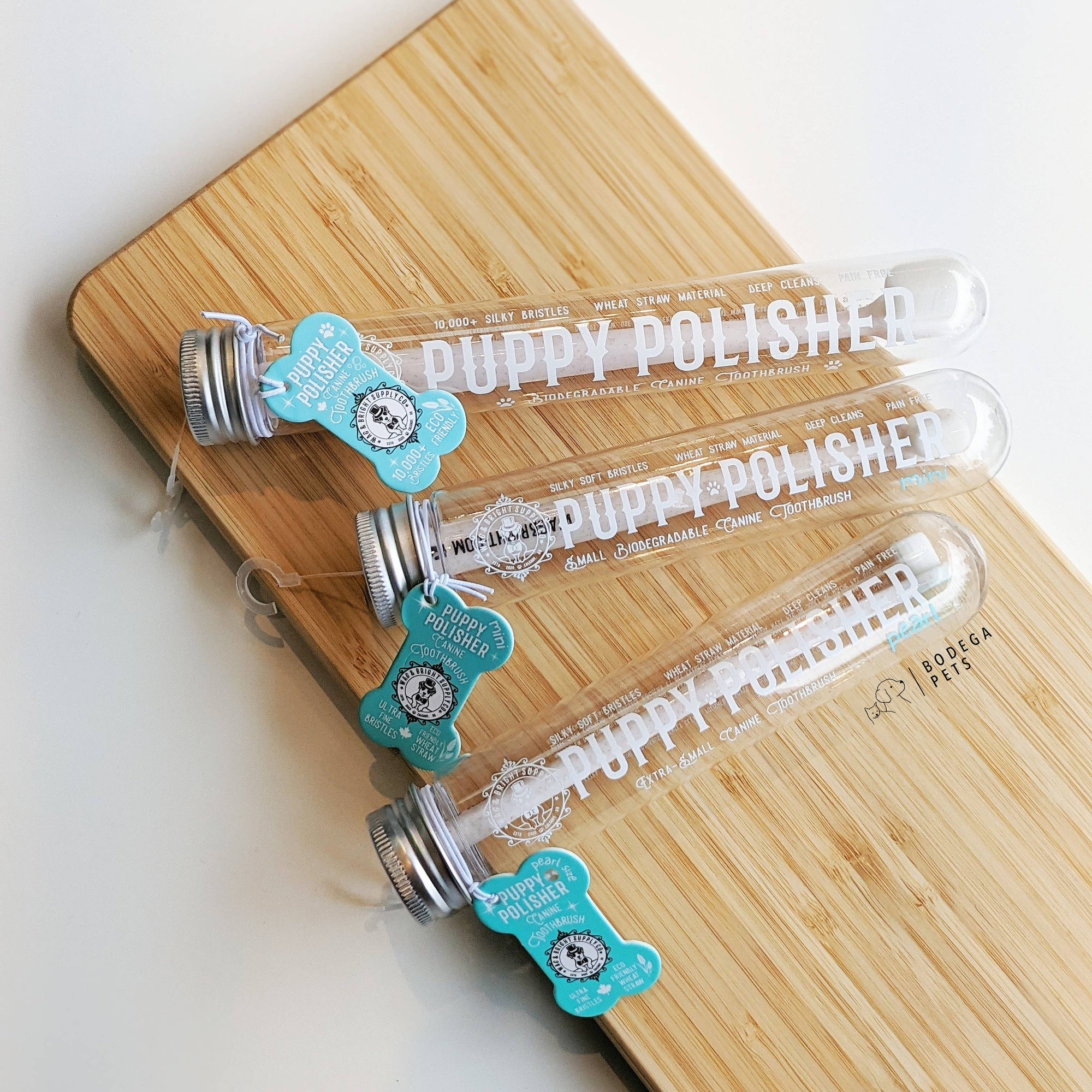 Wag & Bright Puppy Polisher Eco Toothbrush – over 10,000 ultra-fine PBT bristles in a sustainable wheat‑straw composite handle, packaged in a breathable case for gentle, hygienic brushing.