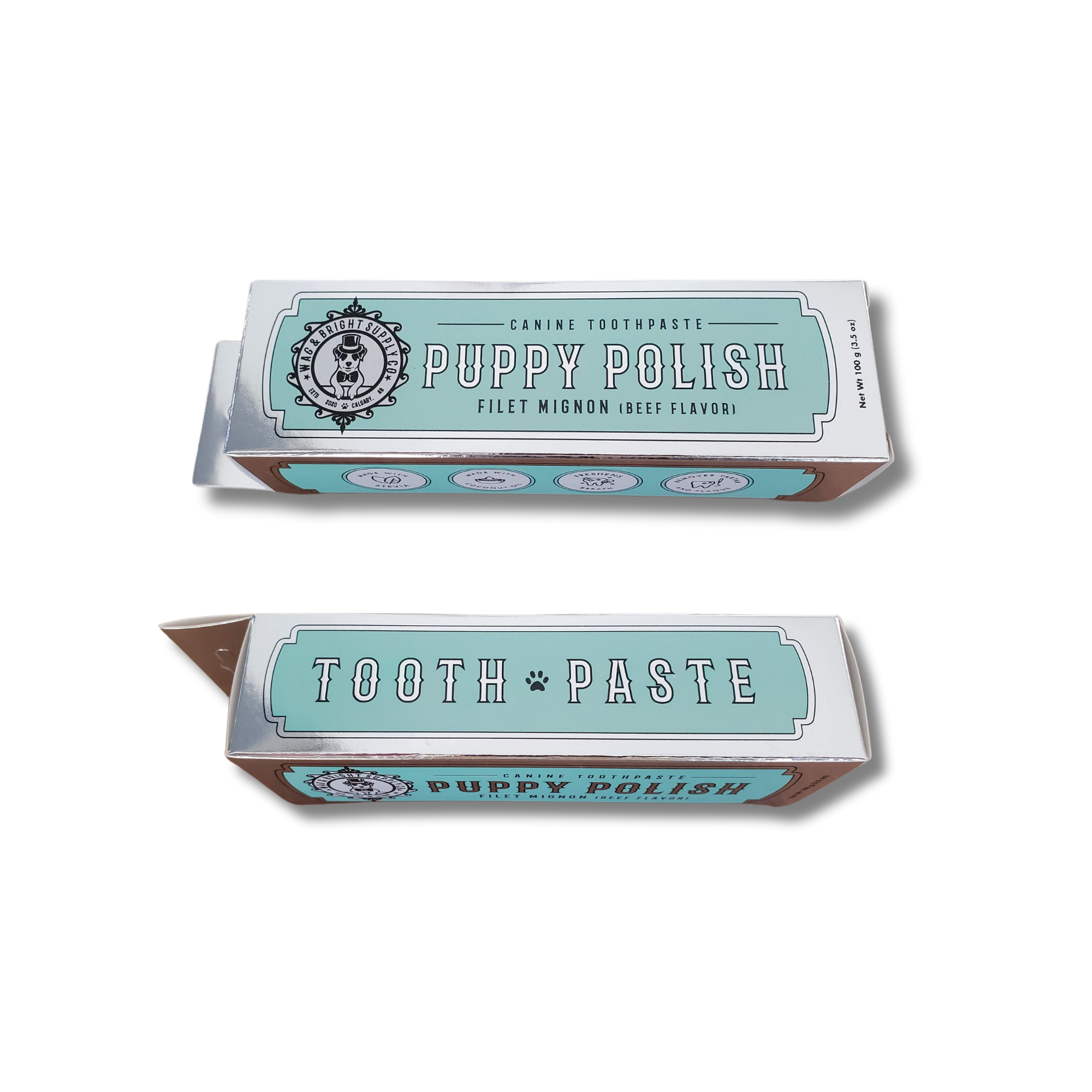 Puppy Polish™ Toothpaste (Filet Mignon Flavor) by Wag & Bright – 100 g of natural dog toothpaste made with baking soda, coconut oil, and beef flavor for fresh breath, plaque-fighting power, and a kissable smile.