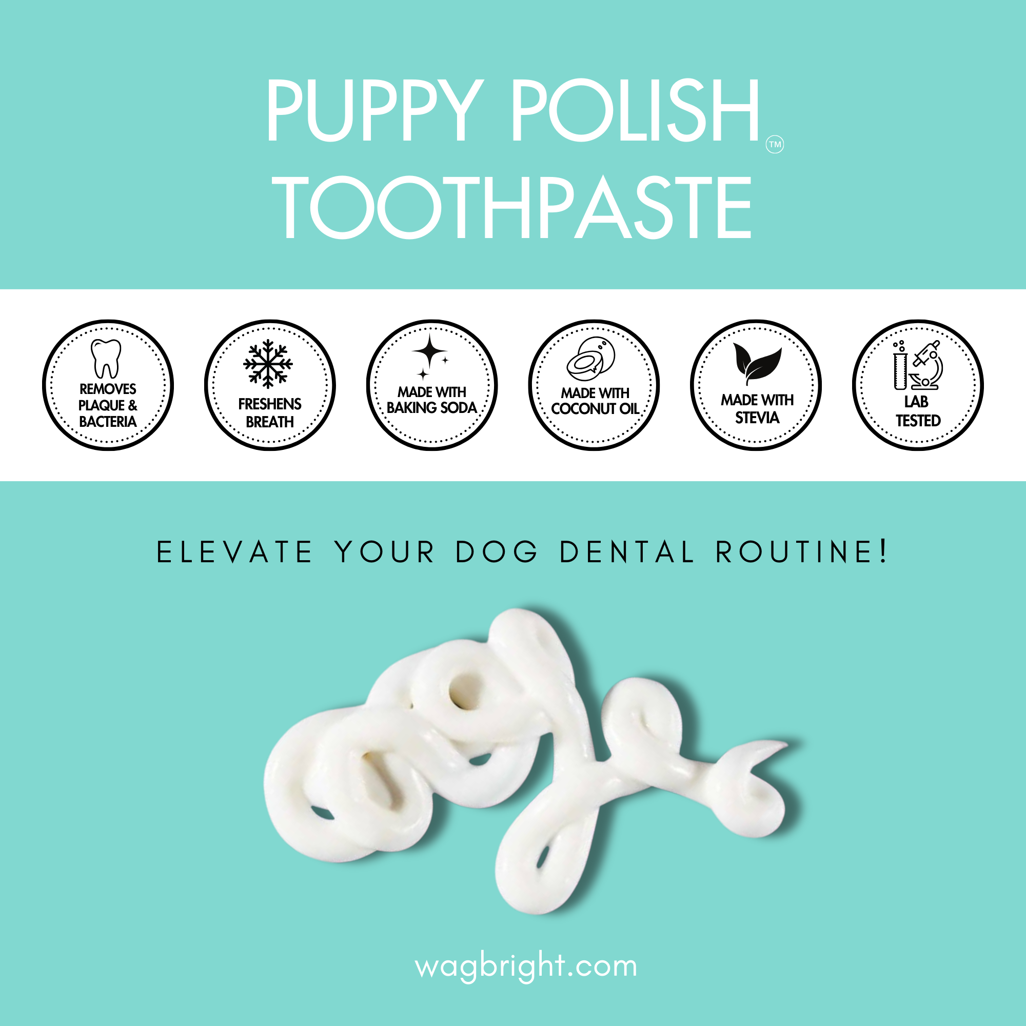Puppy Polish™ Toothpaste (Filet Mignon Flavor) by Wag & Bright – 100 g of natural dog toothpaste made with baking soda, coconut oil, and beef flavor for fresh breath, plaque-fighting power, and a kissable smile.